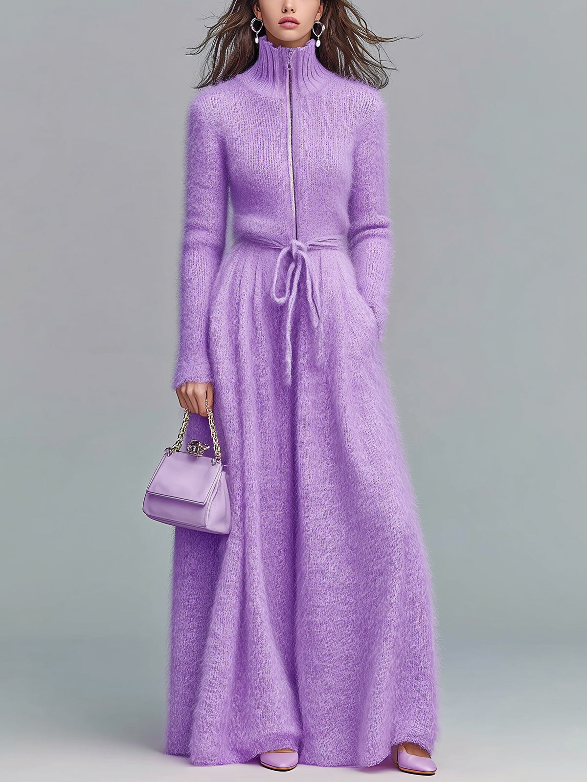 ElevenOra Chic Elegant Lavender Zip-Up Stand Collar Long-Sleeve Tailored Tie-Waist A-Line Knit Maxi Dress