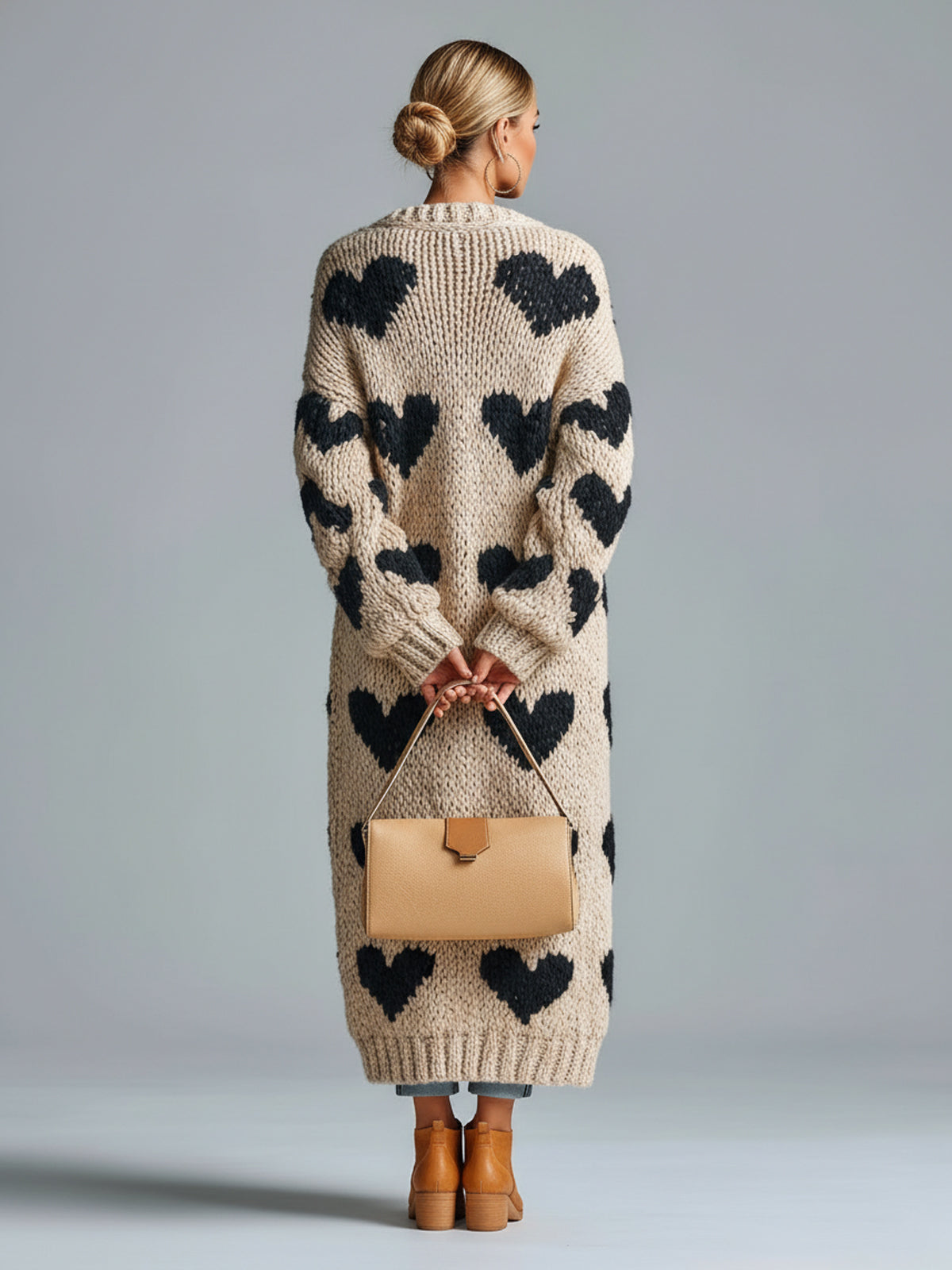 ElevenOra Chic Vintage Beige-Black Heart Jacquard Relaxed Fit Single-Breasted Long Sleeve Knit Long Cardigan