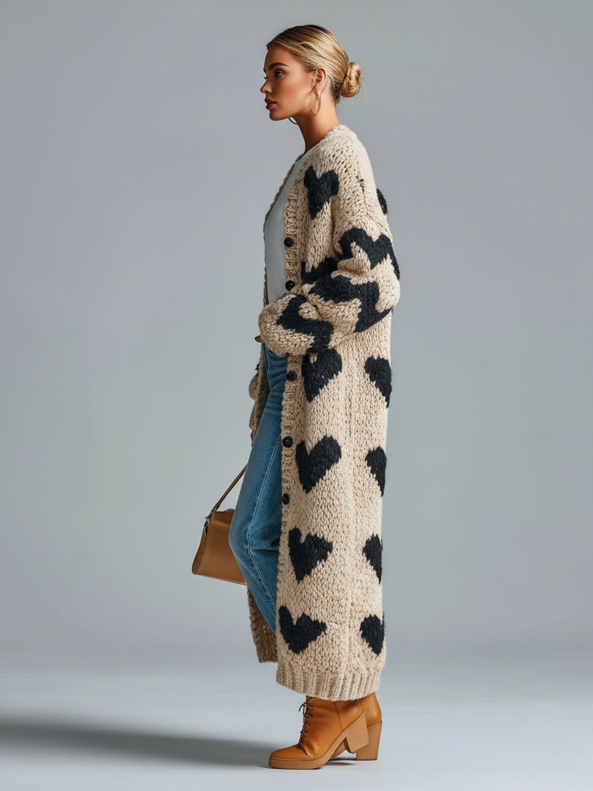 ElevenOra Chic Vintage Beige-Black Heart Jacquard Relaxed Fit Single-Breasted Long Sleeve Knit Long Cardigan