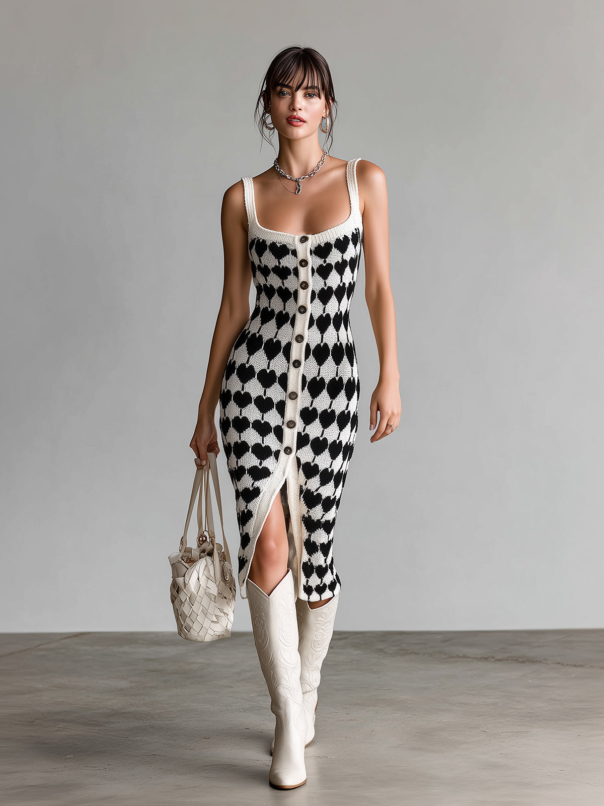 ElevenOra Chic Elegant Black-White Heart Pattern Strappy Single-Breasted Slim-Fit Knit Midi Dress
