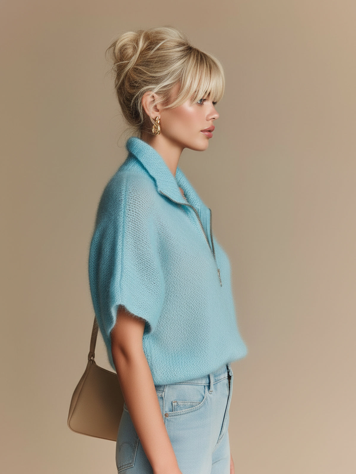 ElevenOra Chic Elegant Blue Zipper-Up Lapel Collar Short-Sleeve Loose-Fit Mohair Knit Sweater Top