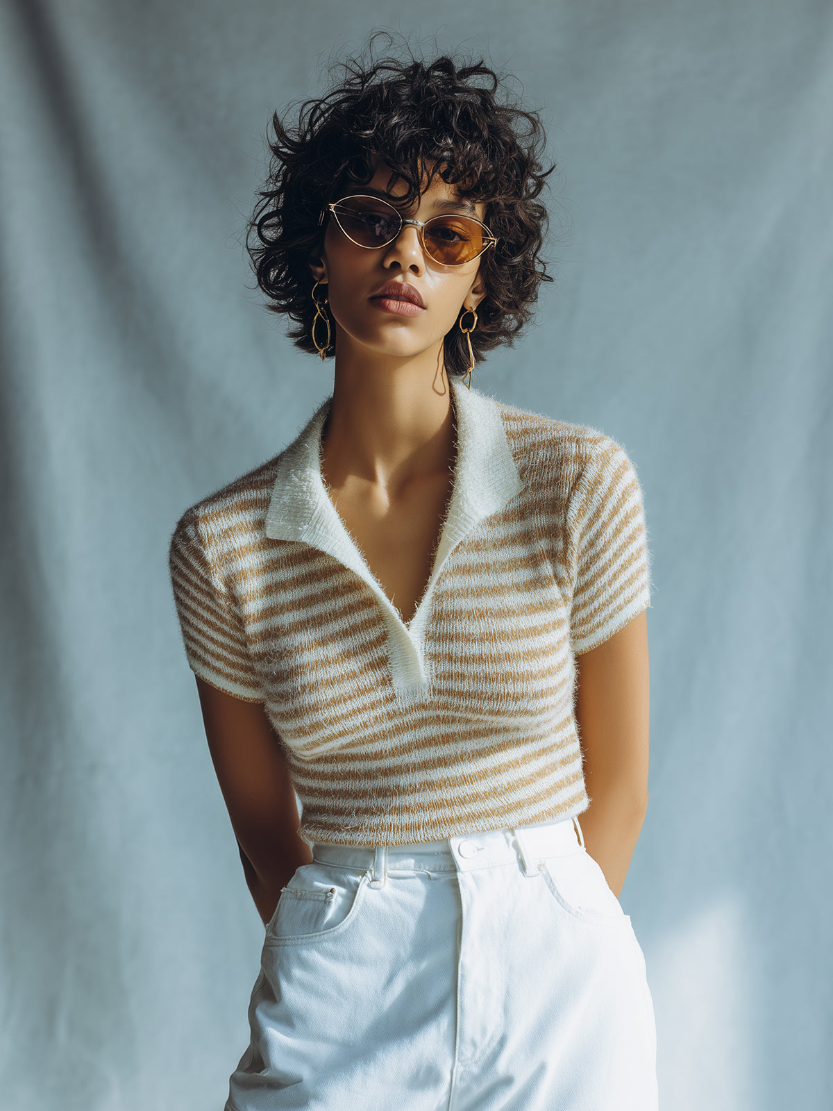 ElevenOra Chic Casual Camel-Beige Pinstripe Lapel V-Neck Short-Sleeve Slim-Fit Knit Sweater Top