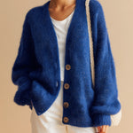 ElevenOra Chic Casual Royal Blue V-Neck Single-Breasted Long Sleeve Loose-Fit Fuzzy Knit Cardigan