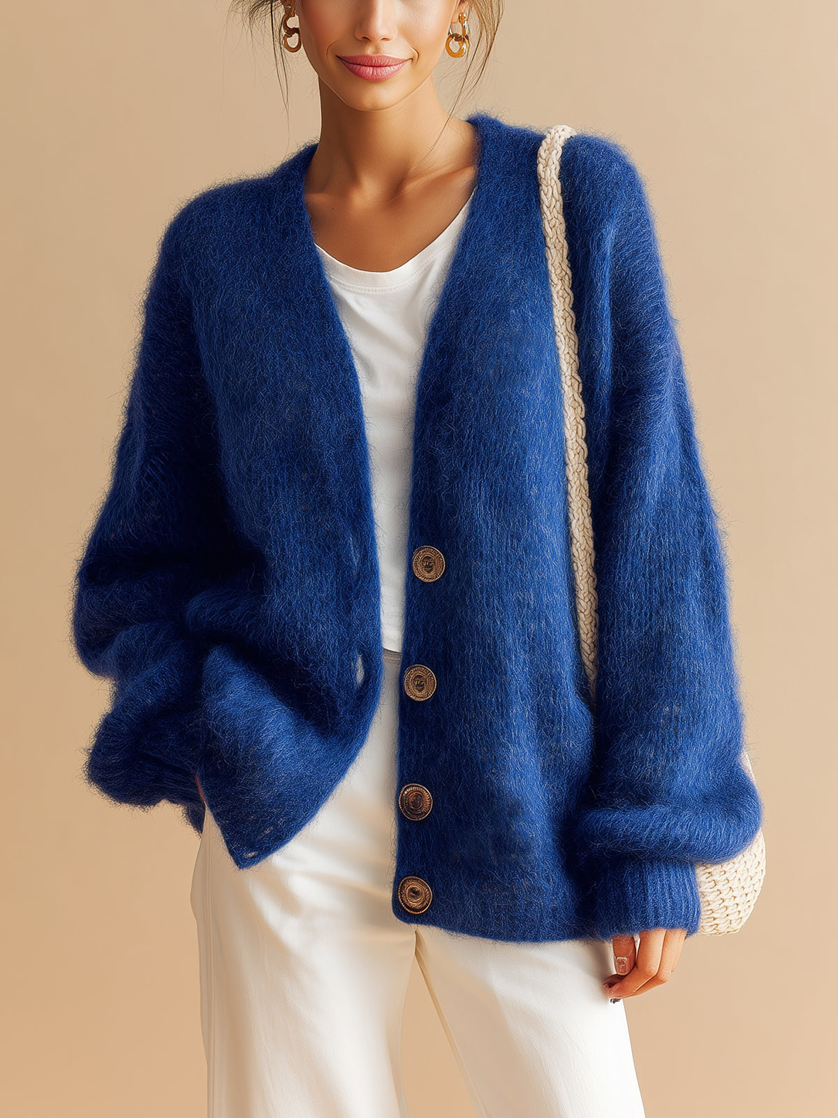 ElevenOra Chic Casual Royal Blue V-Neck Single-Breasted Long Sleeve Loose-Fit Fuzzy Knit Cardigan