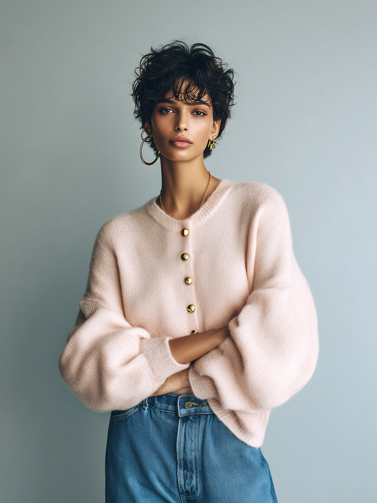 ElevenOra Chic Vintage Pink Round-Neck Single-Breasted Long Lantern Sleeve Loose Knit Cardigan