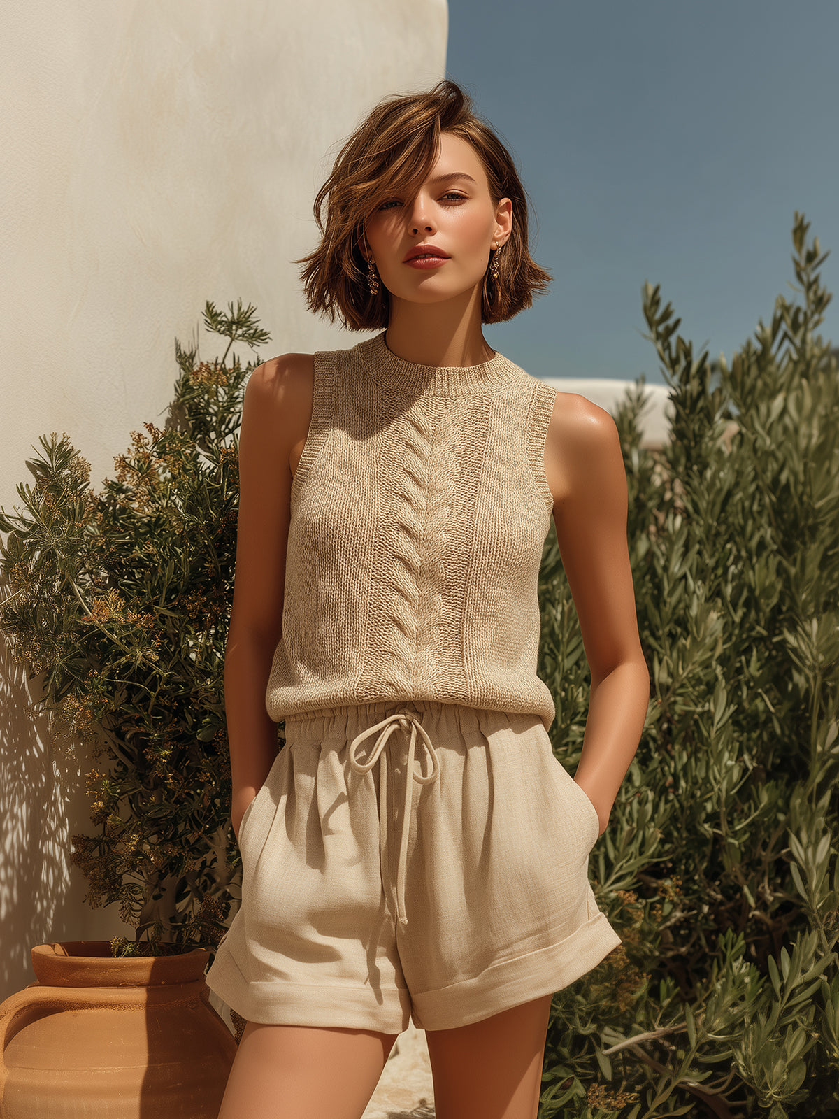 ElevenOra Chic Elegant Camel Round-Neck Loose-Fit Cable-Knit Vest Top  Cotton-Linen Blend Shorts Two-Piece Set