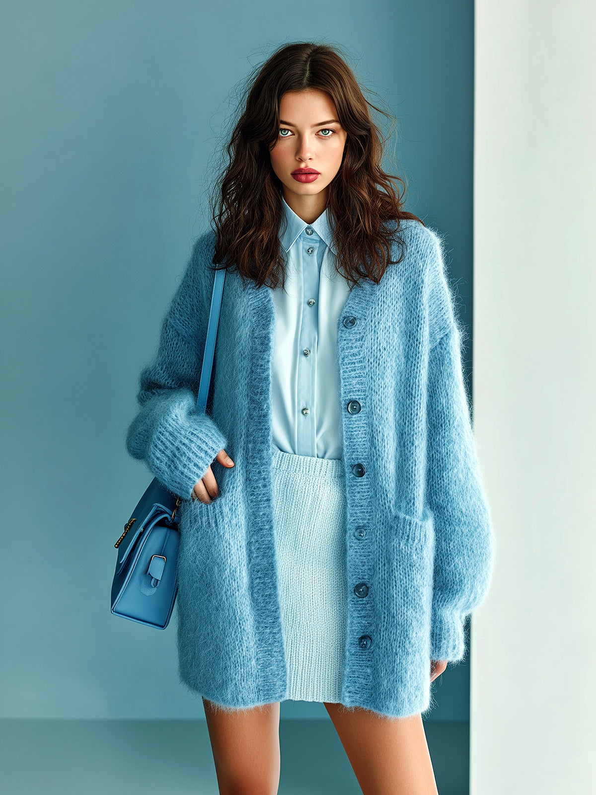 ElevenOra Chic Vintage Blue V-neck Single-breasted Oversized Long-sleeved Mohair Knit Cardigan