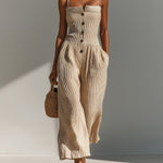 ElevenOra Chic Elegant Light Camel Strappy Off-The-Shoulder Button-Front Loose-Fit Wide-Leg Ribbed Knit Jumpsuit