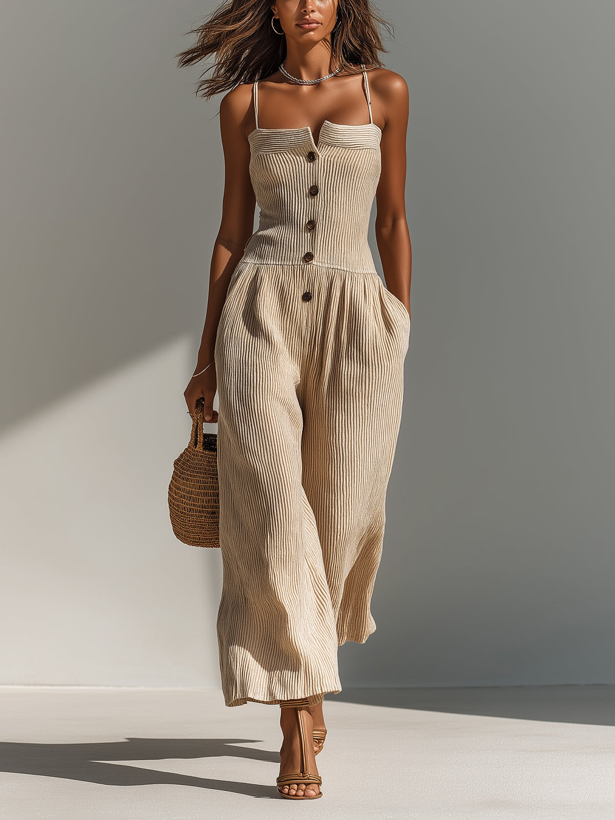 ElevenOra Chic Elegant Light Camel Strappy Off-The-Shoulder Button-Front Loose-Fit Wide-Leg Ribbed Knit Jumpsuit