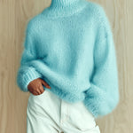 ElevenOra Chic Vintage Baby Blue Turtleneck Textured Knit Fuzzy Slouchy Sweater