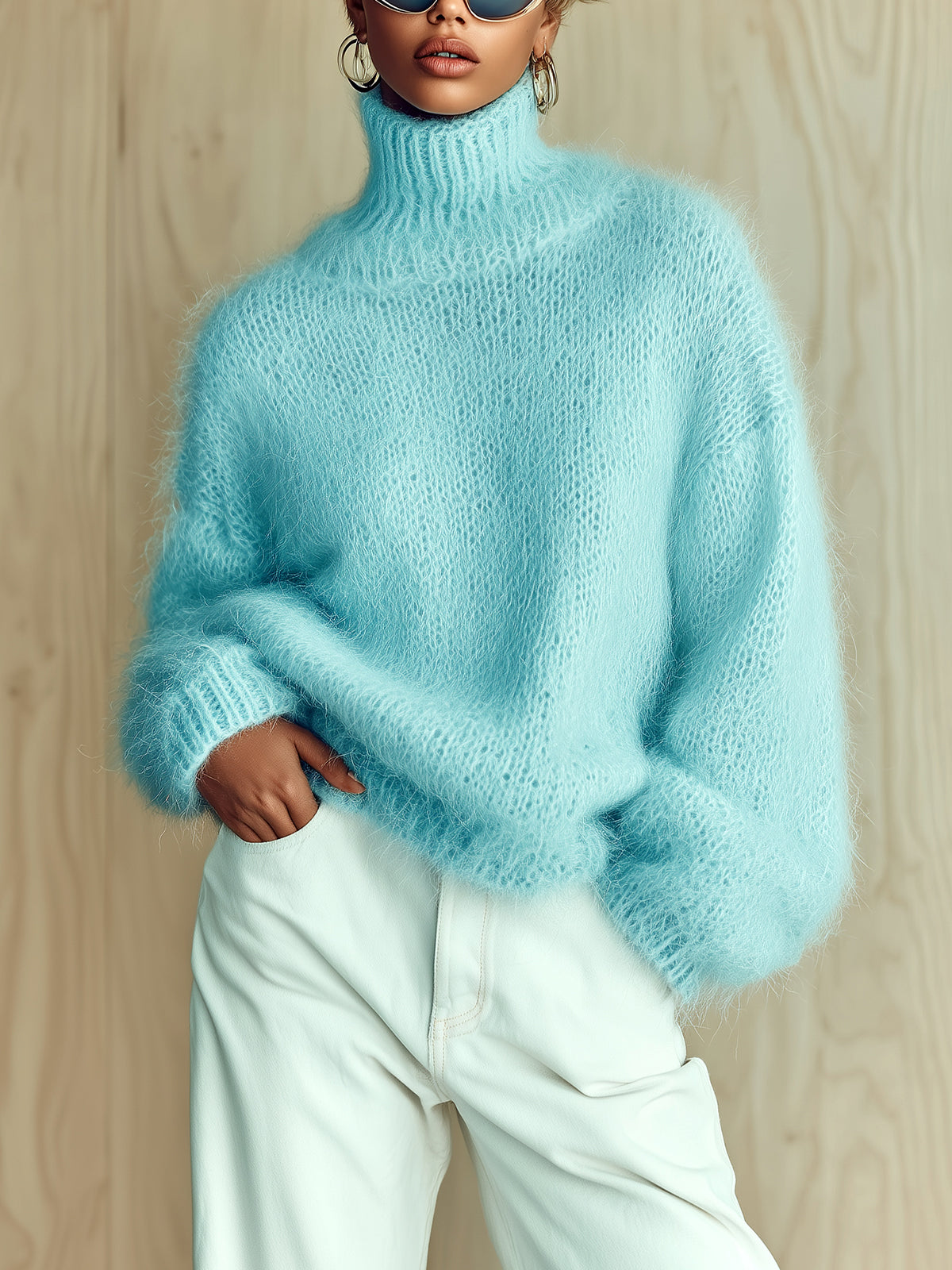 ElevenOra Chic Vintage Baby Blue Turtleneck Textured Knit Fuzzy Slouchy Sweater