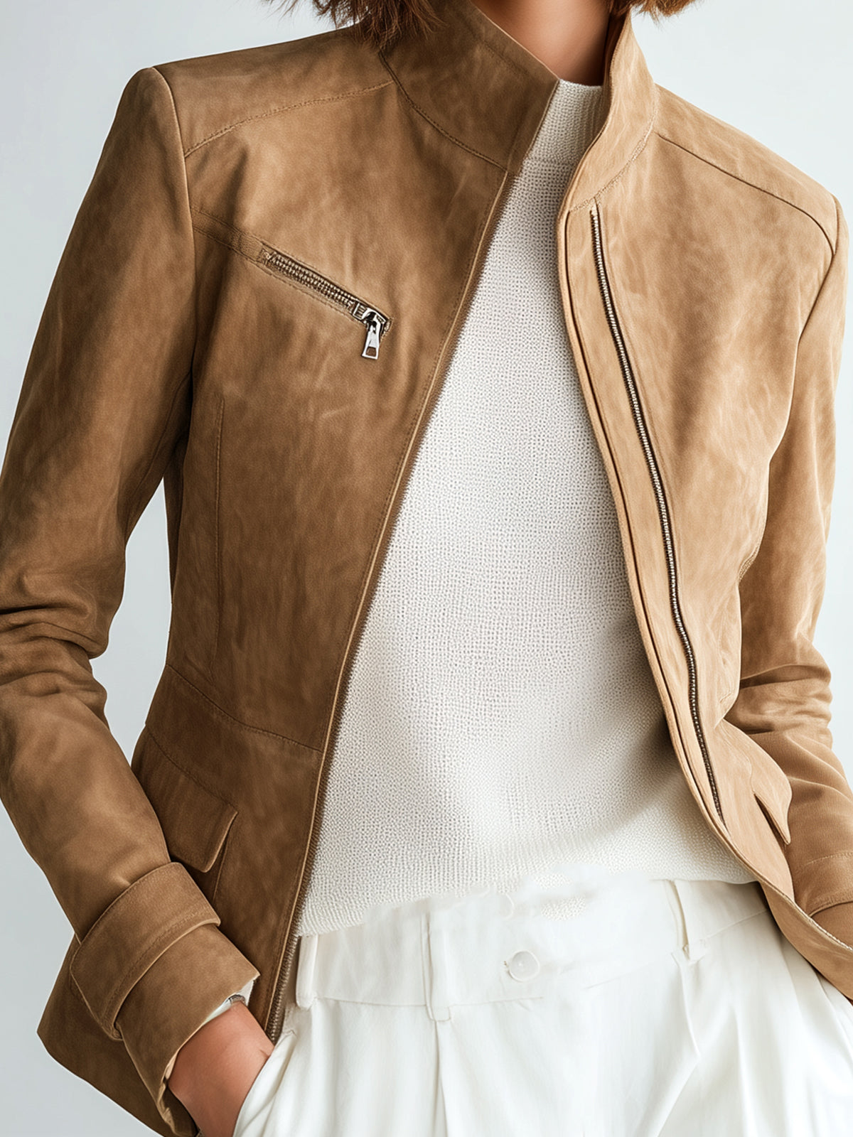 ElevenOra Chic Casual Camel Faux Suede Stand Collar Zipper-Front Slim-Fit Jacket