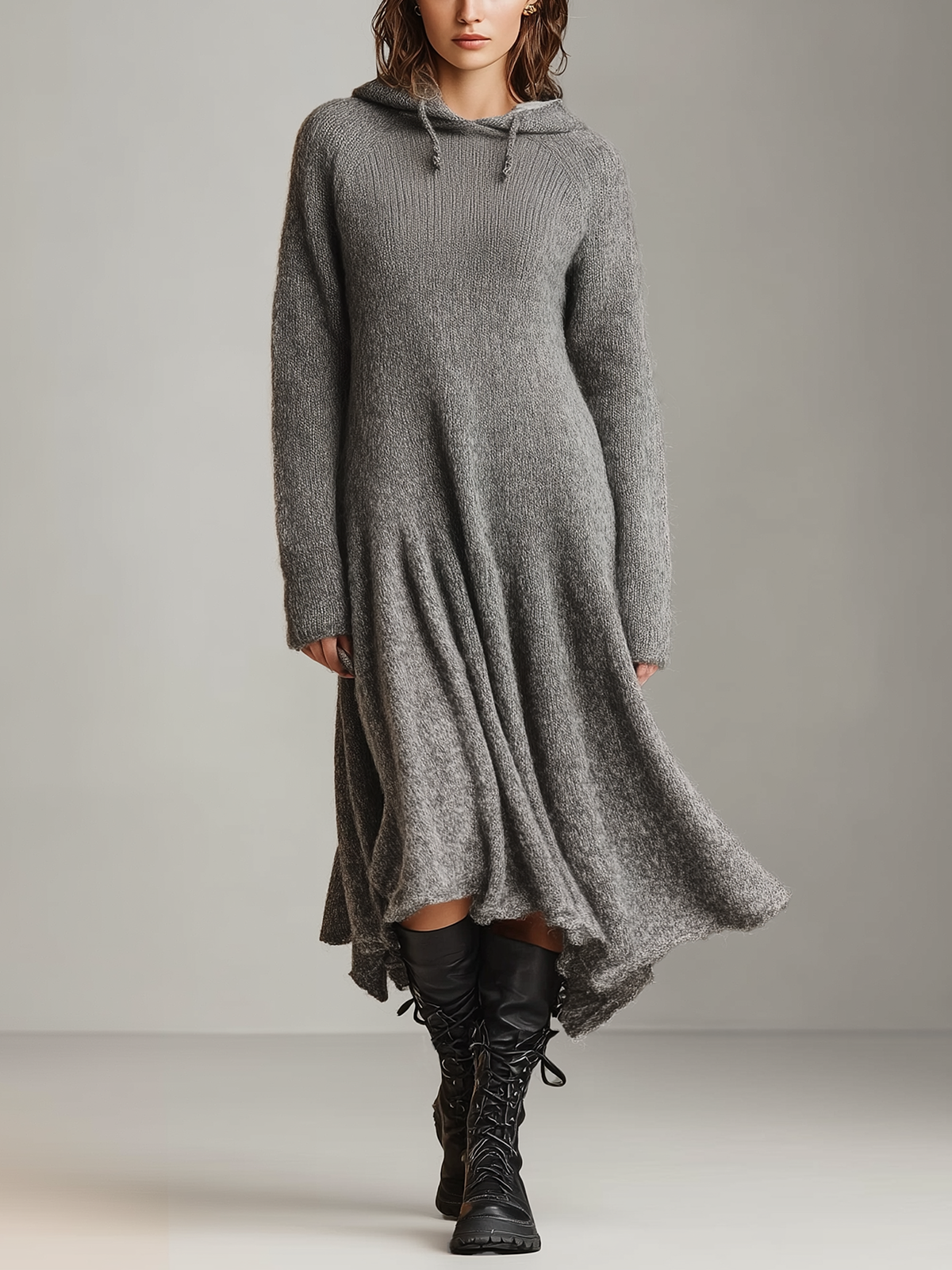 ElevenOra Chic Elegant Gray Cowl Hoodie Long Sleeve Slim Fit Flared Hem Knit Maxi Dress