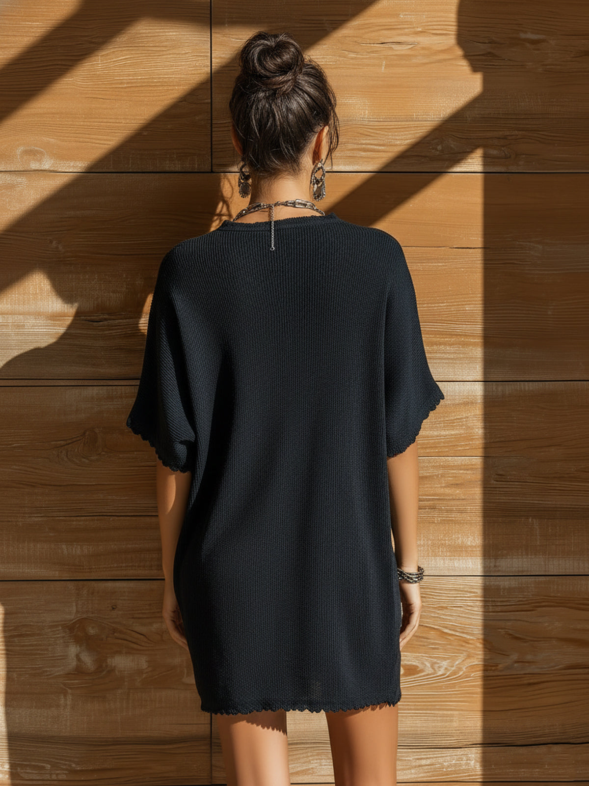 ElevenOra Chic Vintage Black Deep V-Neck Lace Trim Details Short-Sleeve Oversize Breathable Ribbed Knit Mini Dress