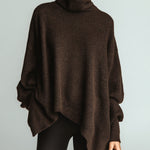 ElevenOra Chic Casual Dark Brown Turtleneck Loose Irregular Hem Long Sleeve Knit Sweater Top