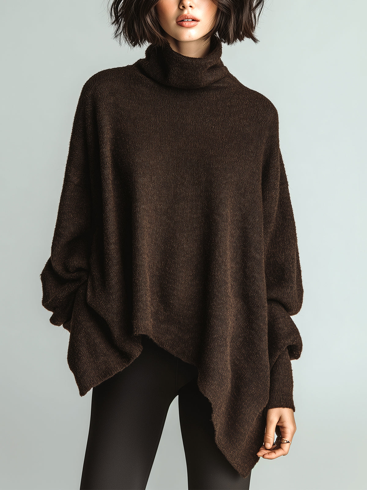 ElevenOra Chic Casual Dark Brown Turtleneck Loose Irregular Hem Long Sleeve Knit Sweater Top