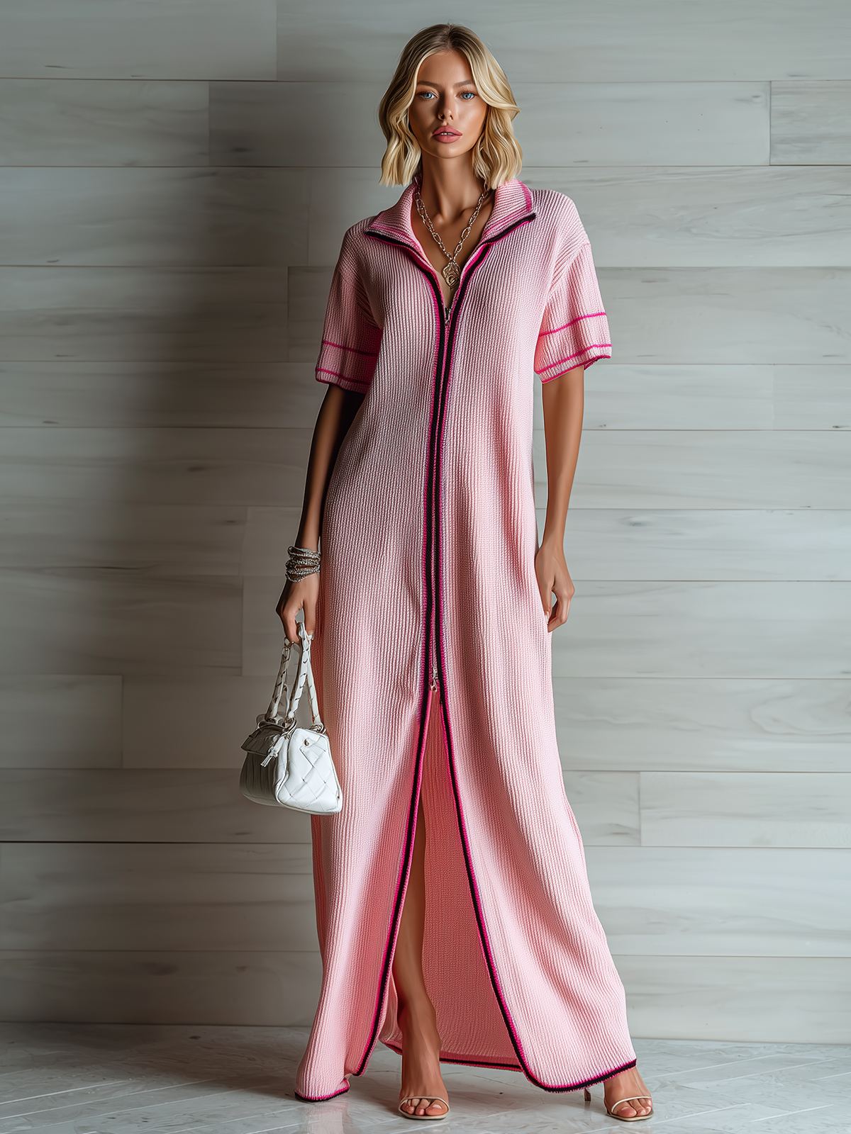 ElevenOra Stylish Elegant Pink Colorblock Lapel Collar Zip-Front Short-Sleeve Loose-Fit Ribbed Knit Maxi Dress