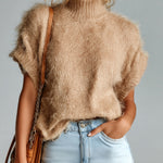 ElevenOra Chic Vintage Camel Mock Neck Short Sleeve Loose Fuzzy Mohair Knit Sweater Top