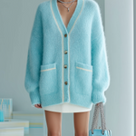ElevenOra Chic Casual Blue  V-Collar Long-sleeved Button Patch Pocket Contrast Trim Details Oversized Mohair Knit Cardigan