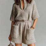 ElevenOra Chic Casual Light Brown Stand Collar V-Neck Short Sleeve Belted Patch Pockets Oversize Fuzzy Knit Romper