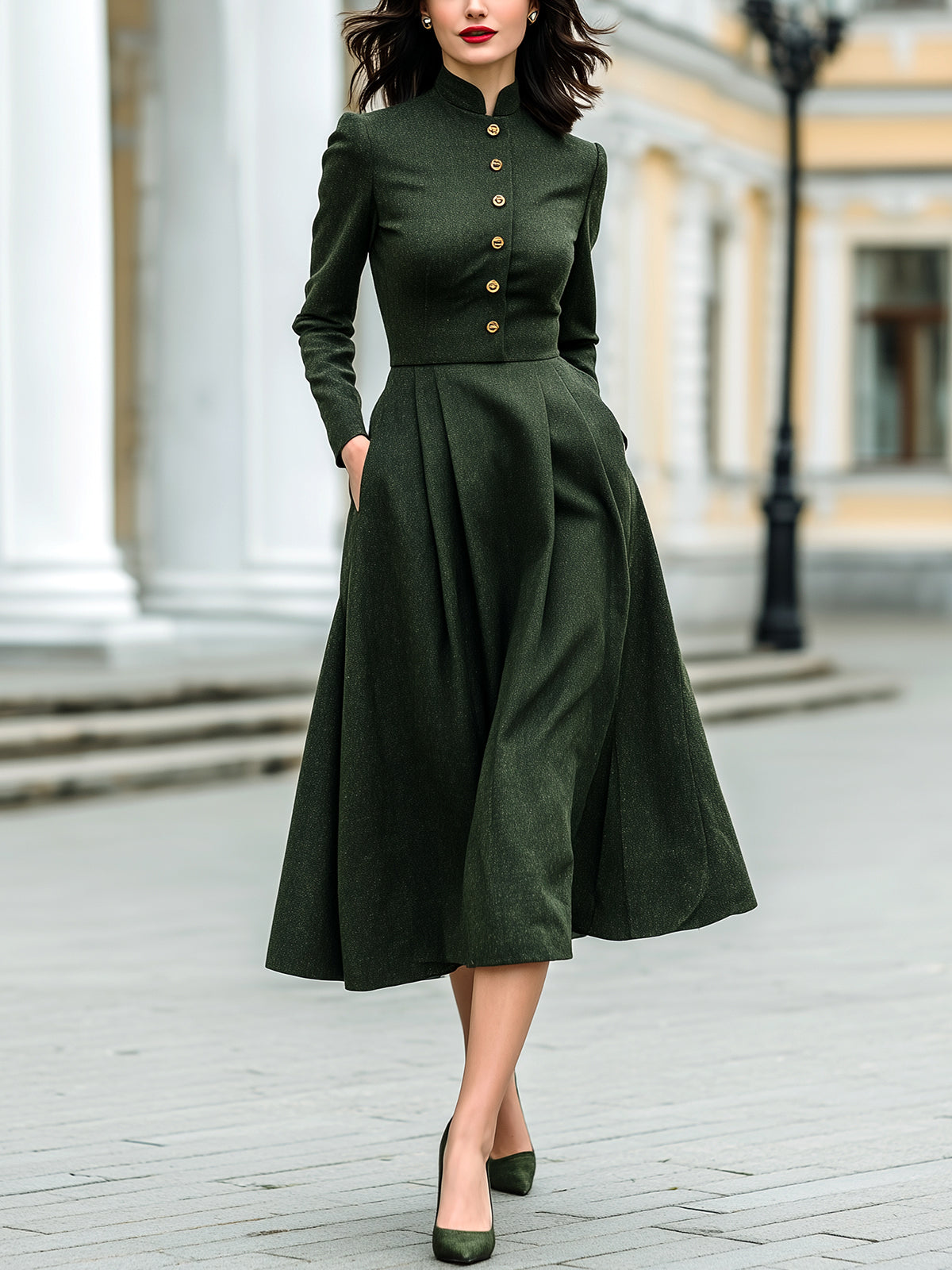 ElevenOra Chic Vintage Wool Blend Stand-up Collar Button-Front Tailored Waist Midi Dress