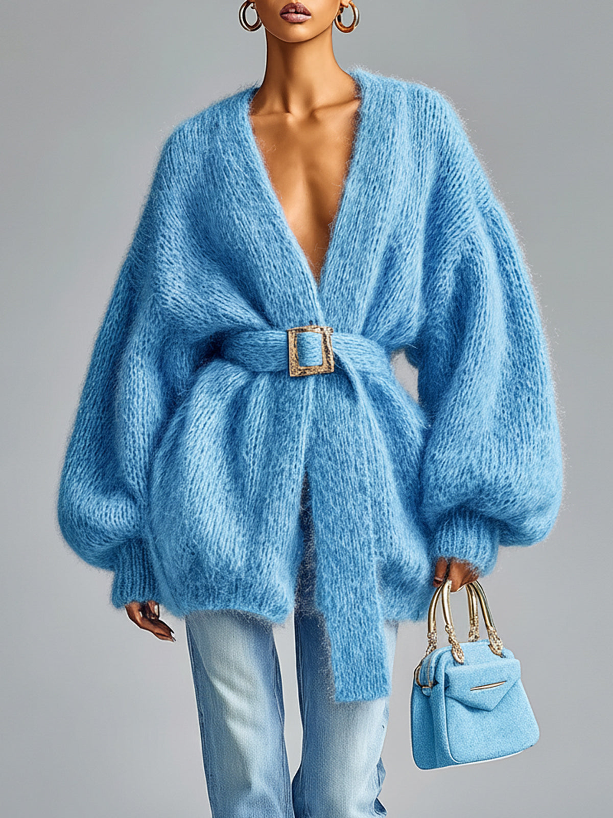 ElevenOra Chic Vintage Lavender V-Neck Belted Lantern Sleeve Oversized Knit Mid-Length Cardigan