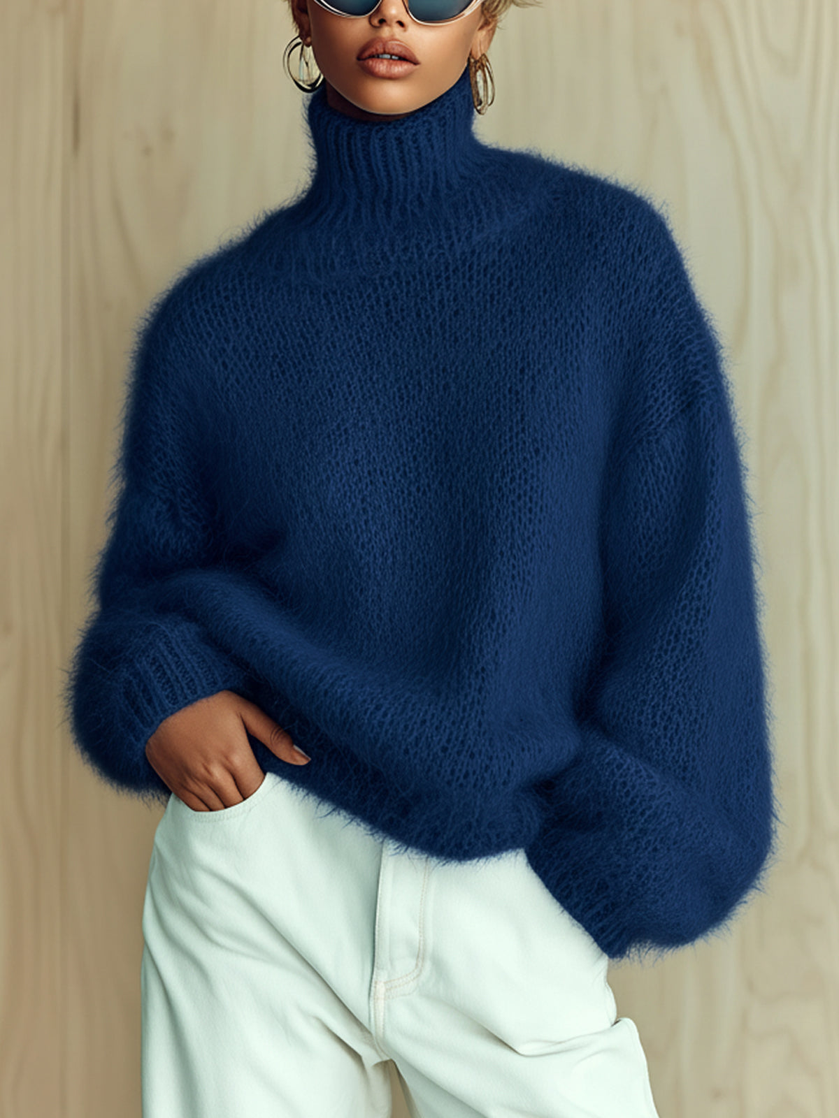 ElevenOra Chic Vintage Baby Blue Turtleneck Textured Knit Fuzzy Slouchy Sweater