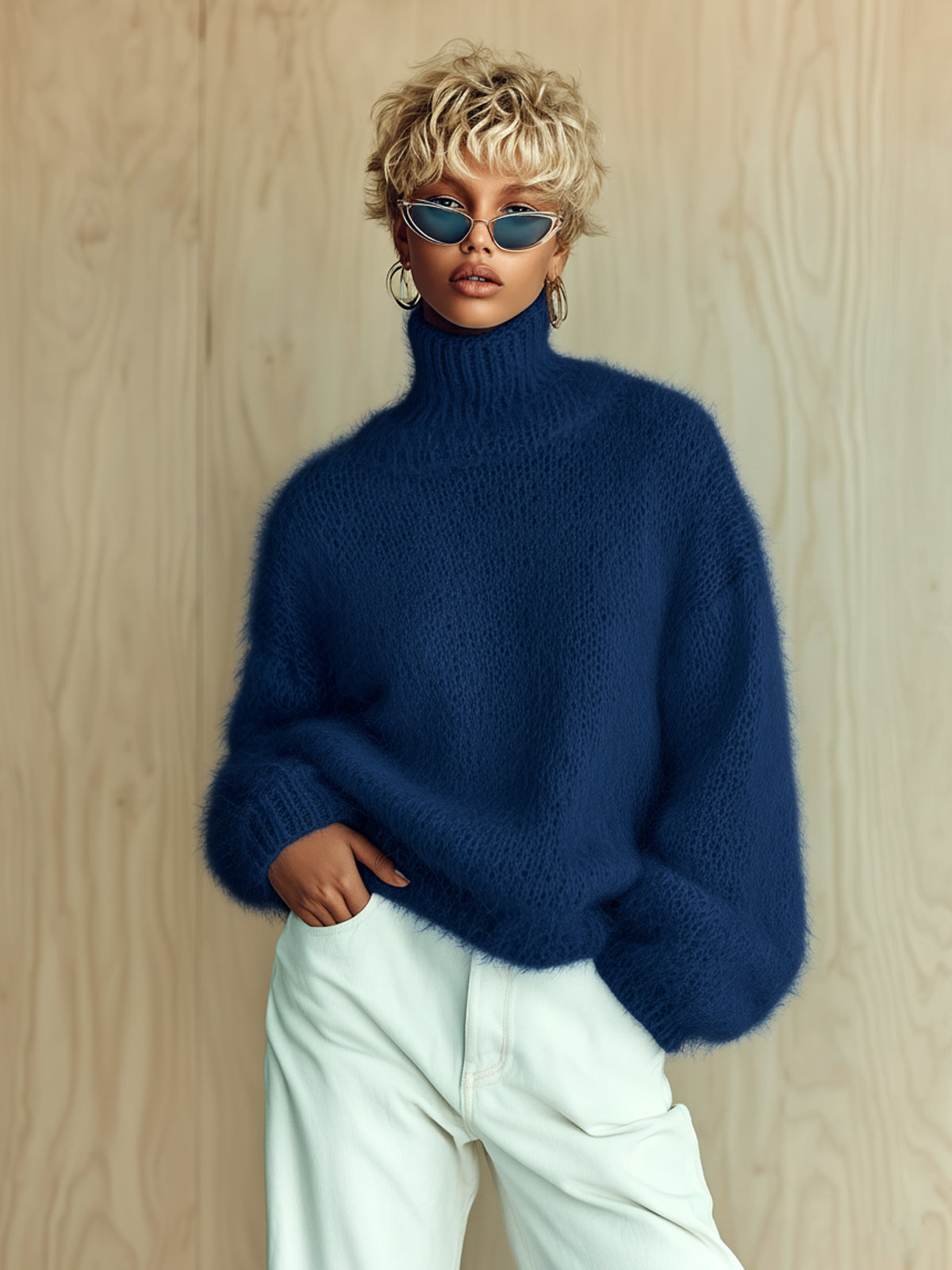 ElevenOra Chic Vintage Baby Blue Turtleneck Textured Knit Fuzzy Slouchy Sweater