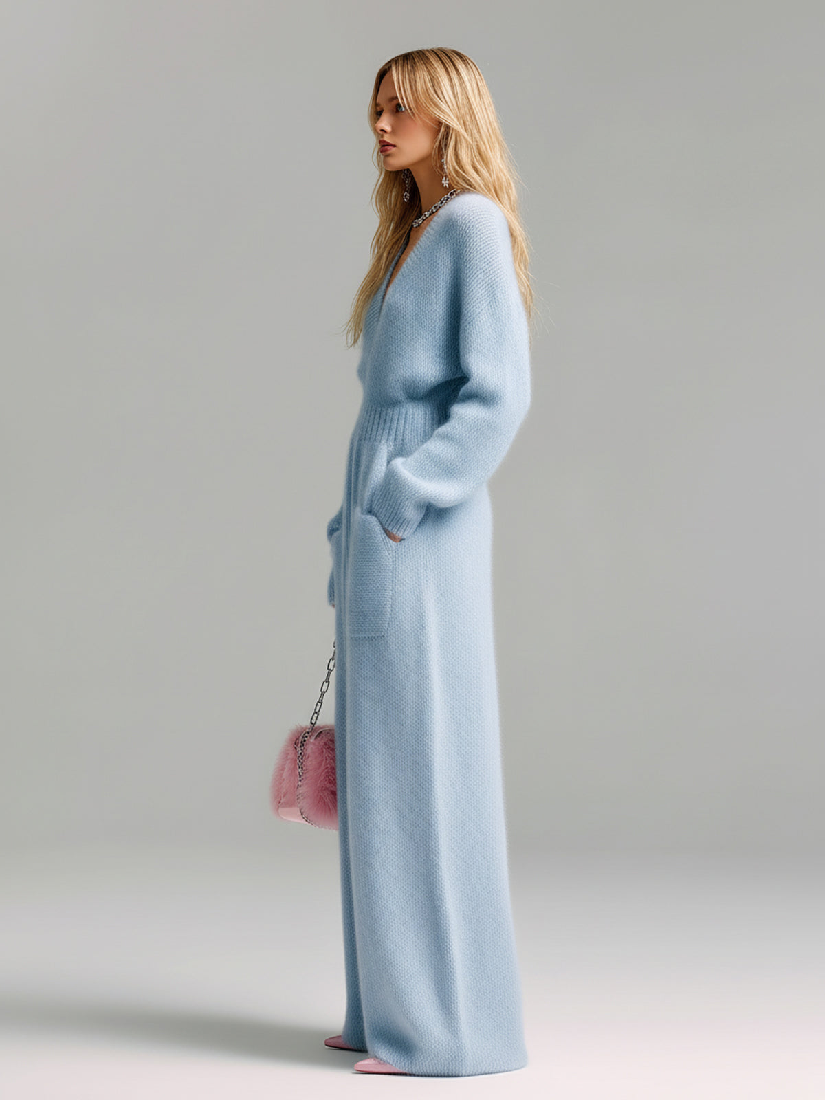 ElevenOra Chic Elegant Baby Blue Deep V-Neck Long Sleeve Patch Pocket Oversized Fuzzy Knit Wide-Leg Jumpsuit