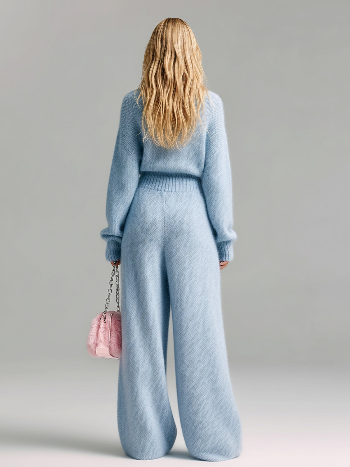 ElevenOra Chic Elegant Baby Blue Deep V-Neck Long Sleeve Patch Pocket Oversized Fuzzy Knit Wide-Leg Jumpsuit