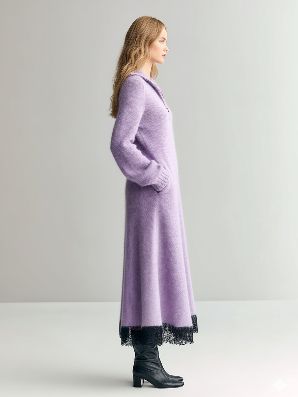 ElevenOra Chic Elegant Lavender Lapel V-Neck Long Sleeve Slim Fit Contrast Lace Hem Knit Maxi Dress