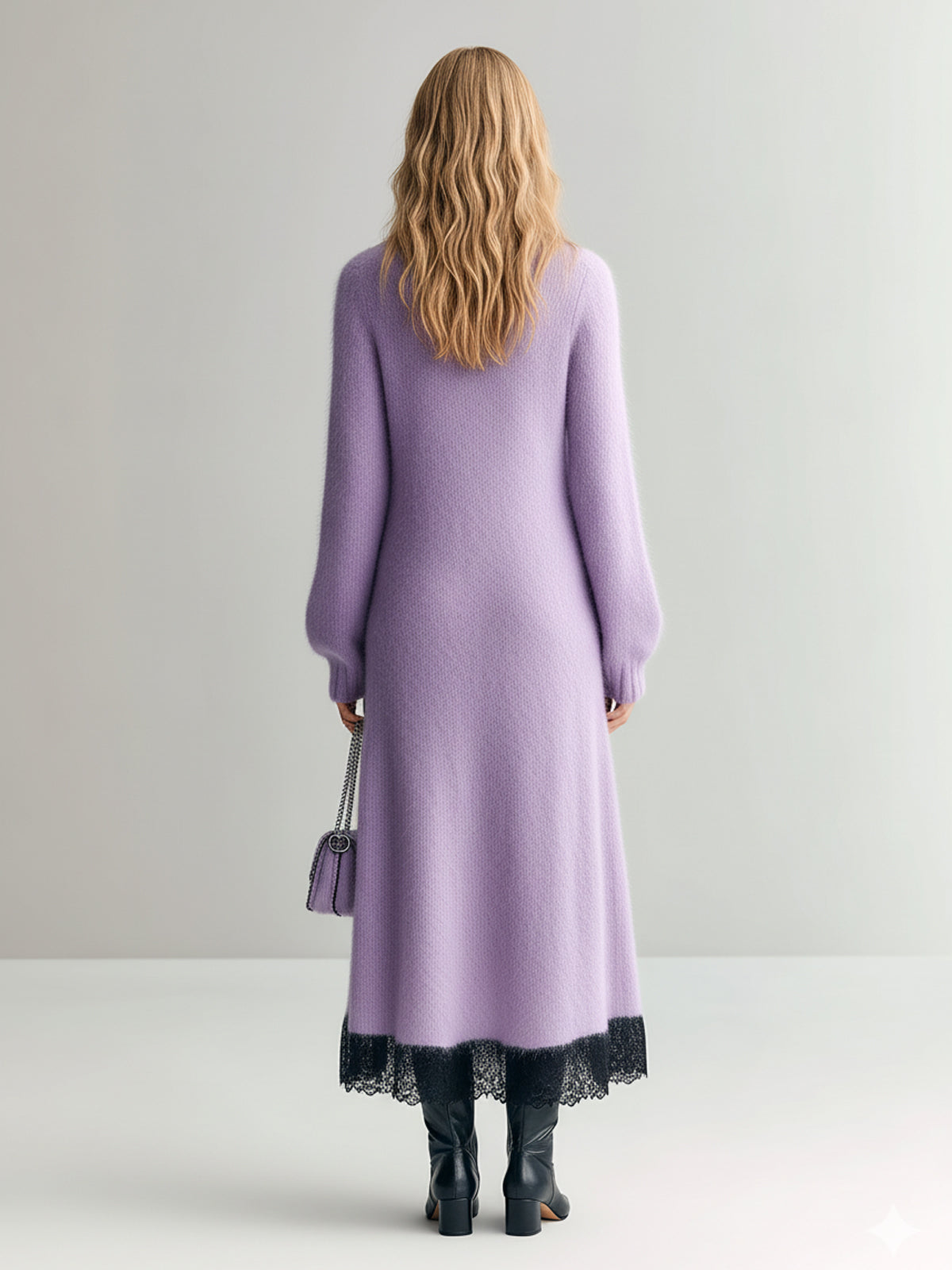 ElevenOra Chic Elegant Lavender Lapel V-Neck Long Sleeve Slim Fit Contrast Lace Hem Knit Maxi Dress