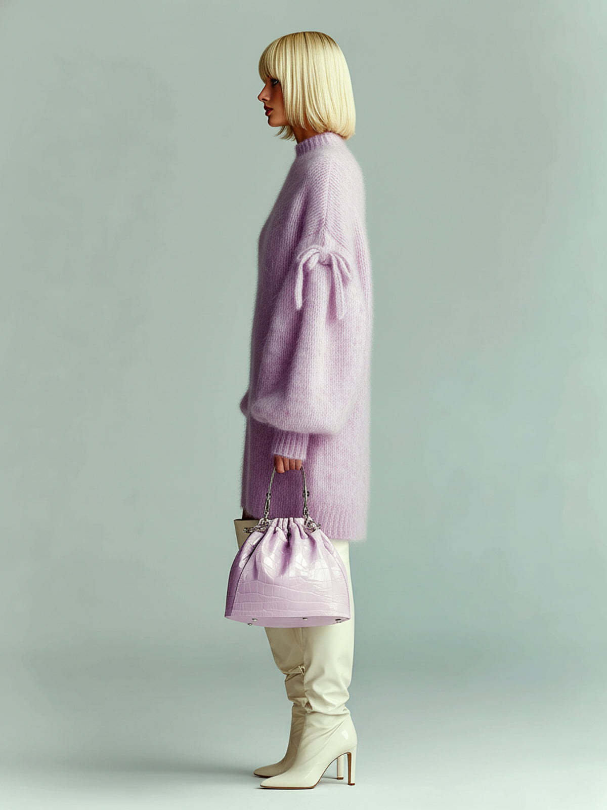 ElevenOra Chic Casual Lavender Round Neck Lantern Sleeve Bow-Embellished Oversized Fuzzy Knit Midi Dress