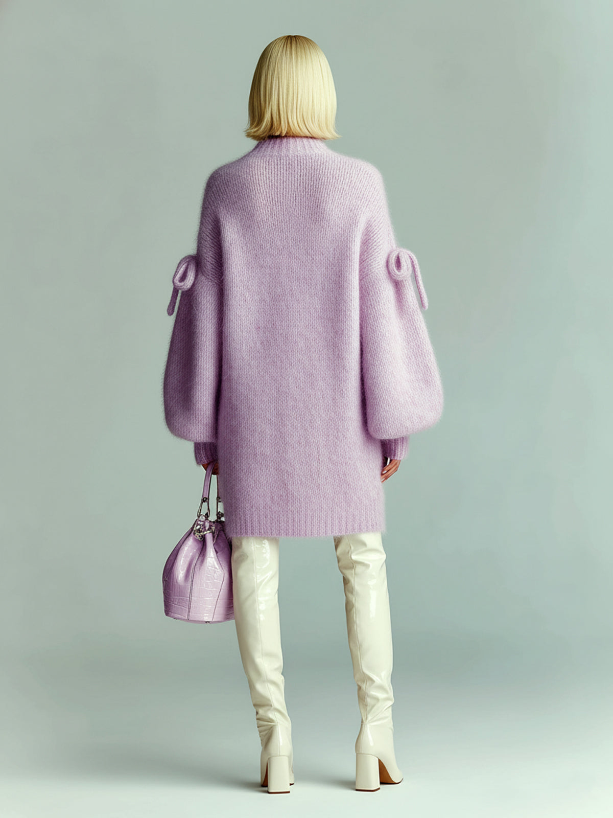 ElevenOra Chic Casual Lavender Round Neck Lantern Sleeve Bow-Embellished Oversized Fuzzy Knit Midi Dress