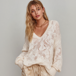 ElevenOra Fashion Casual White Jacquard V-Neck Long-Sleeve Loose Soft Knit Sweater Top
