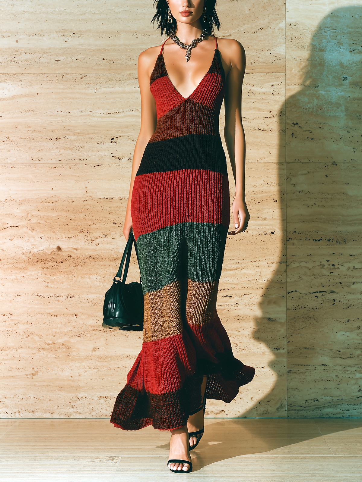 ElevenOra Chic Elegant Red Striped V-Neck Strappy Sleeveless Ribbed Knit Maxi Dress