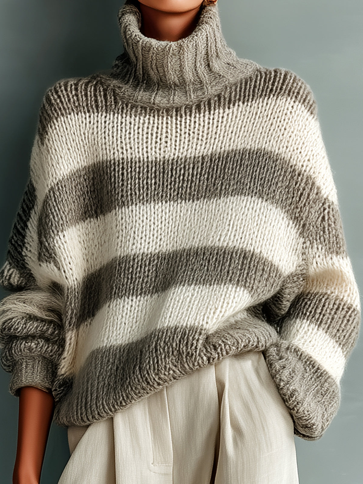 ElevenOra Chic Casual Contrast Stripes Turtle Neck Oversized Long-Sleeve Knit Sweater