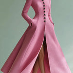ElevenOra Vintage Pink Stand-up Collar Wool Blend Single-breasted Tailored Maxi Dress Coat