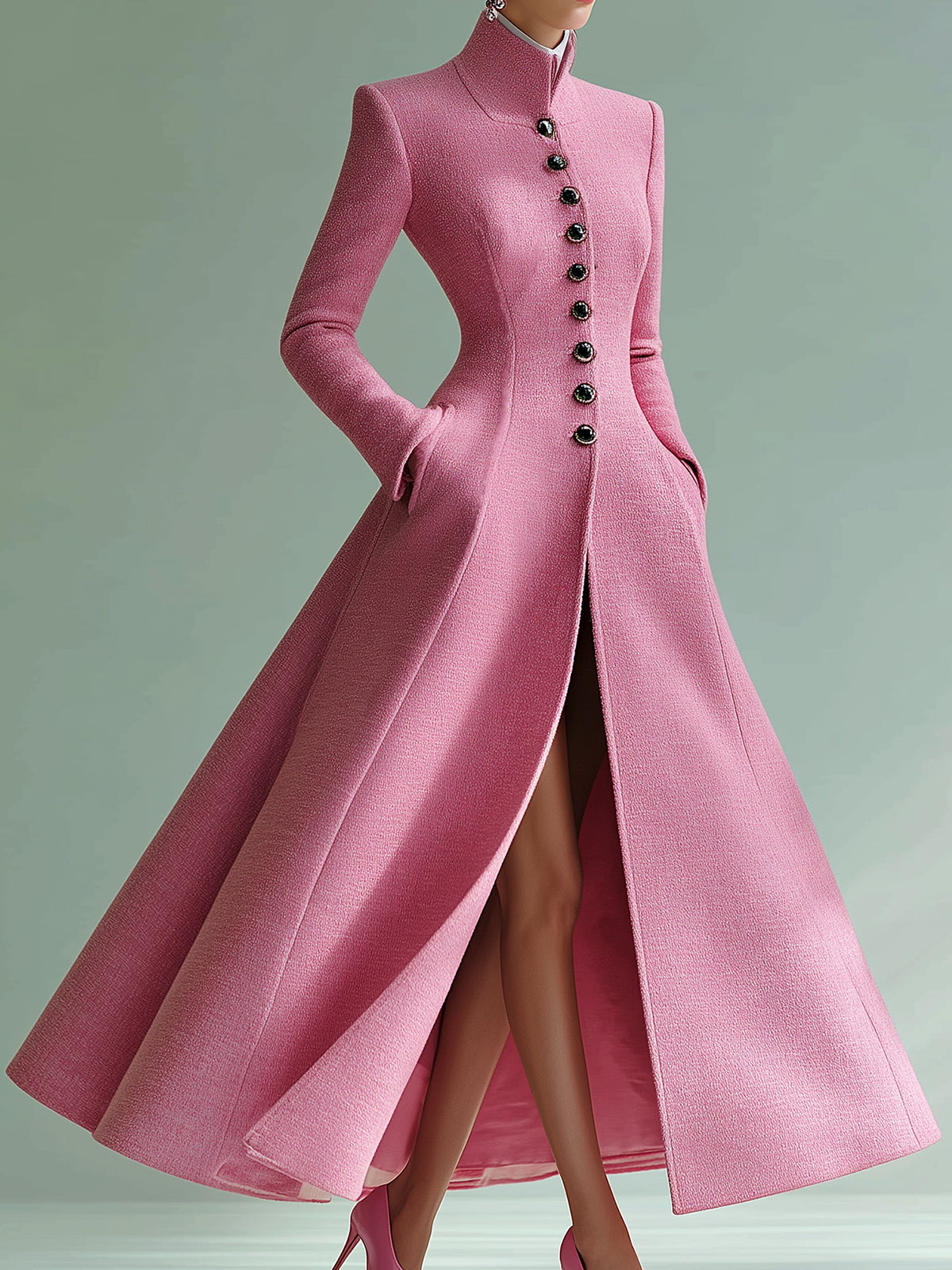 ElevenOra Vintage Pink Stand-up Collar Wool Blend Single-breasted Tailored Maxi Dress Coat