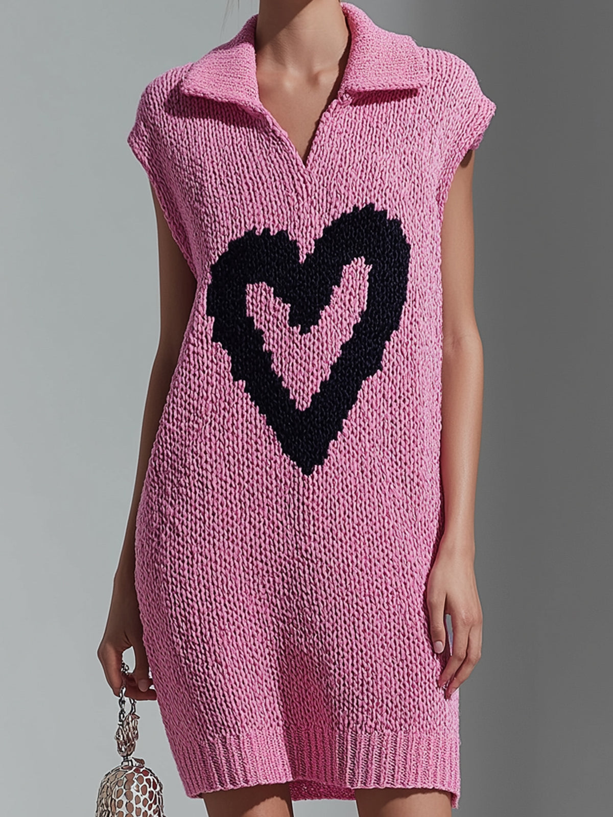 ElevenOra Chic Casual Pink Lapel V-Neck Heart Jacquard Sleeveless Loose-Fit Knit Mini Dress