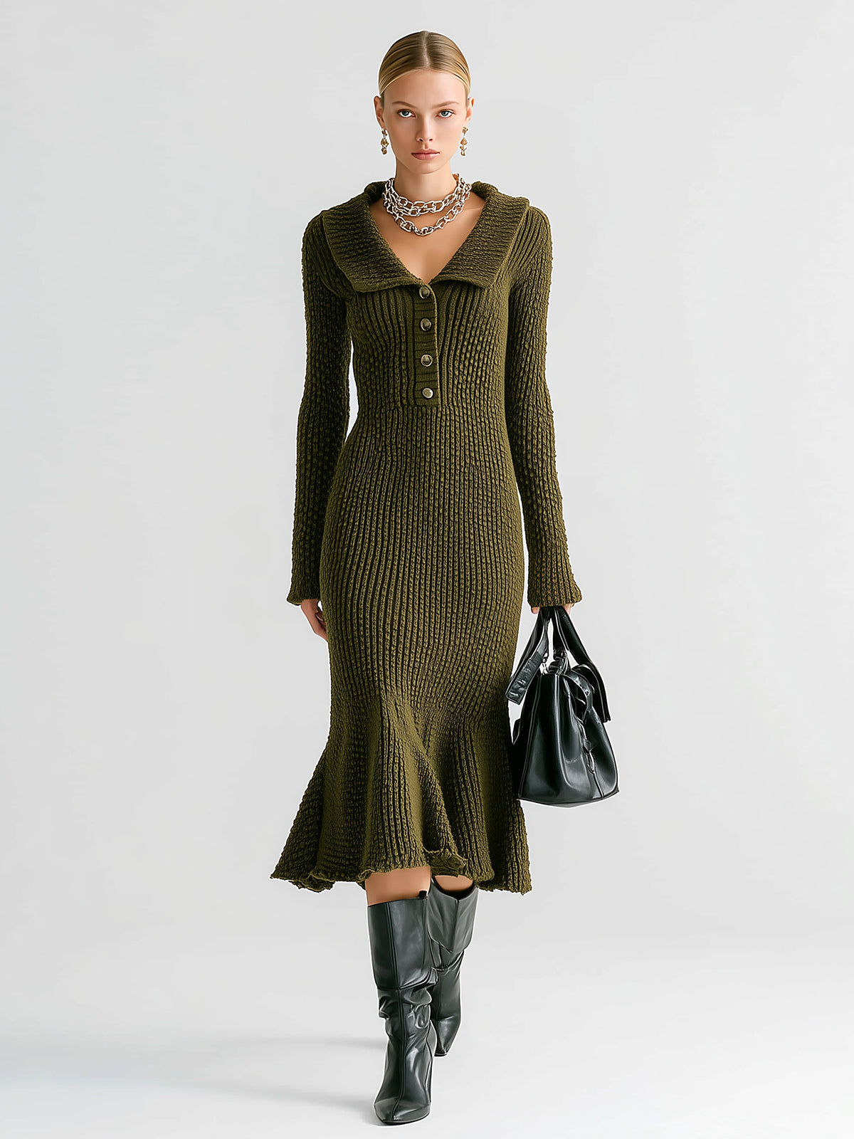 ElevenOra Stylish Button-up Lapel Collar Long Sleeves Knit Flounce Hem Midi Dress