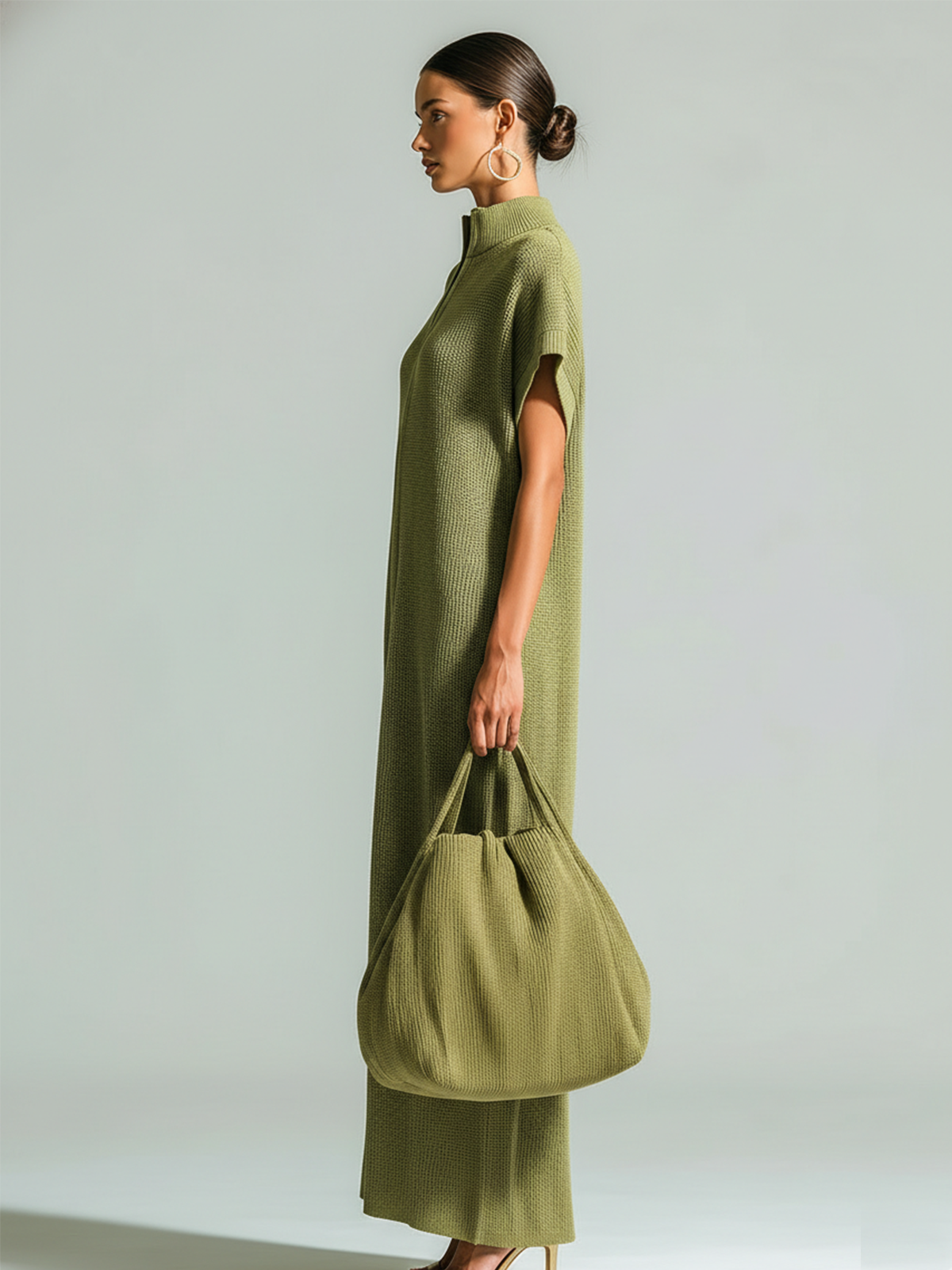ElevenOra Stylish Elegant Olive Green Stand-Collar Zipper-Front Drop Shoulder Sleeveless Loose-Fit Ribbed Knit Maxi Dress