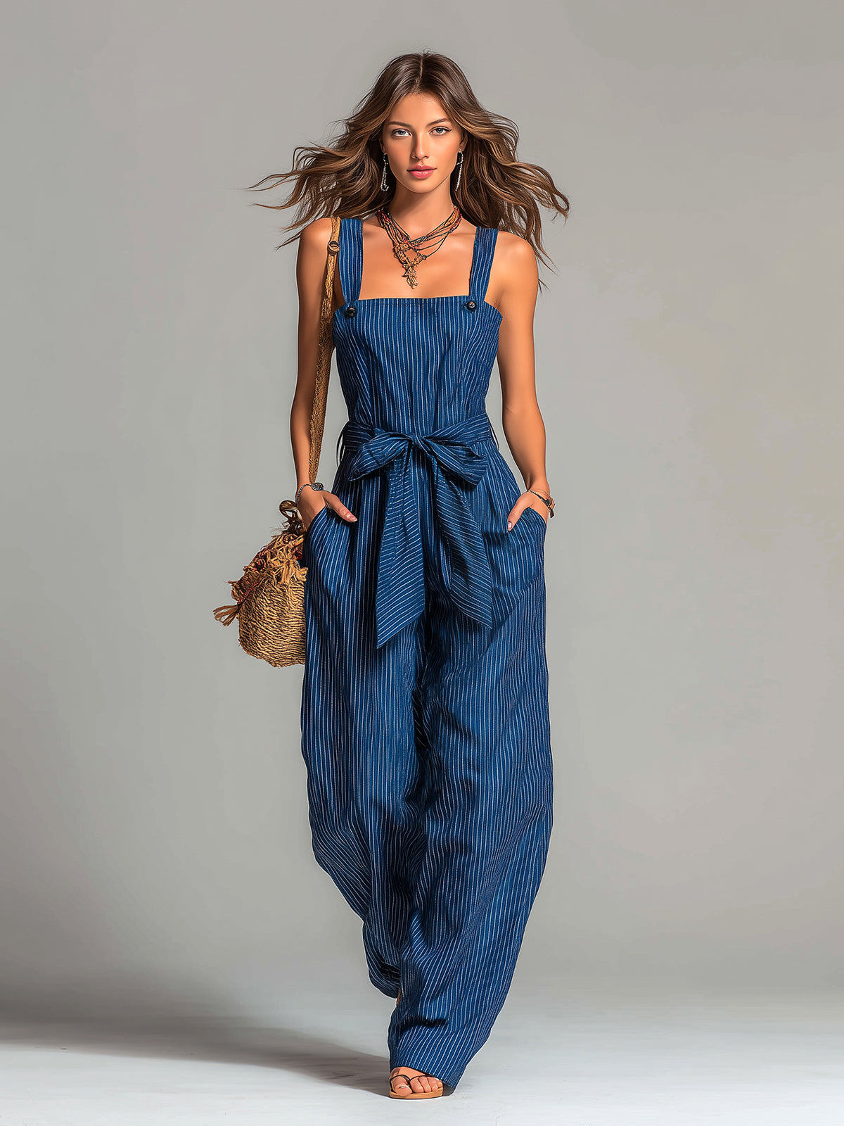 ElevenOra Chic Casual Navy Stripes Cotton Linen Blend Strappy Square Neck Sleeveless Belted Loose-Fit Jumpsuit