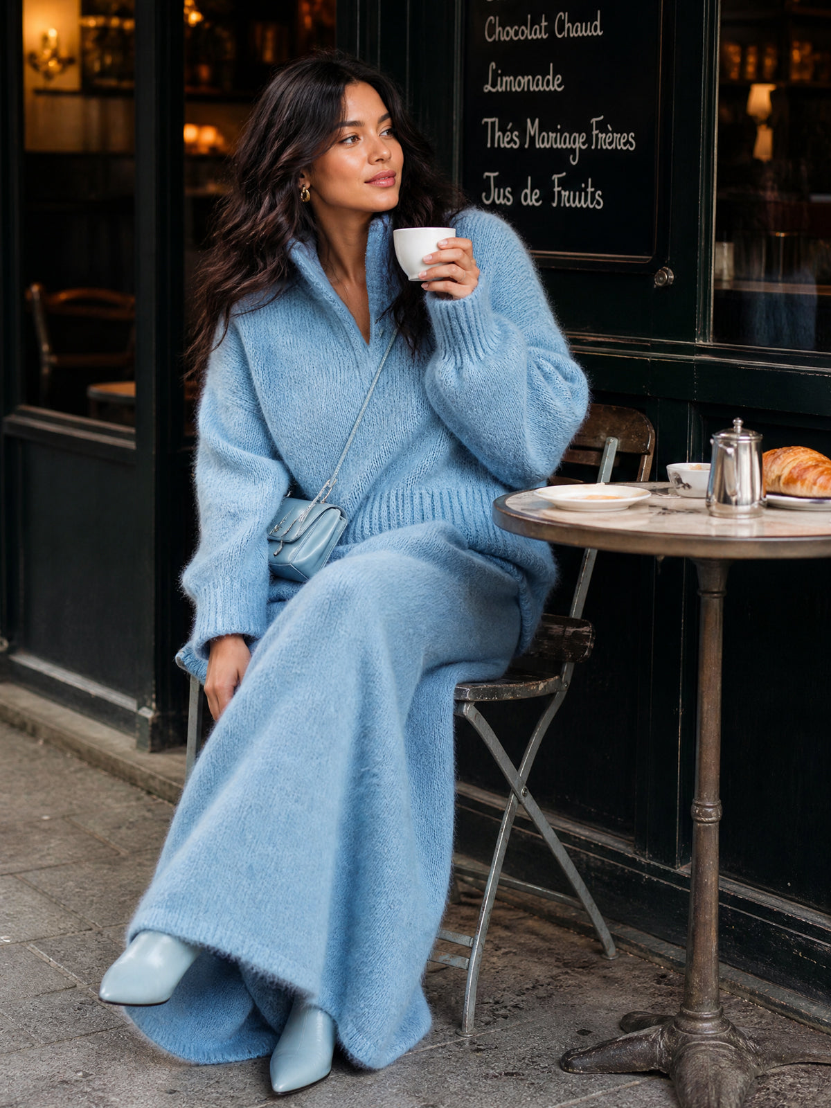 ElevenOra Chic Elegant Blue Stand Collar V Neck Long Sleeve Loose Sweater Patch Pocket Maxi Skirt Fuzzy Knit Two-Piece Set