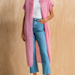 ElevenOra Chic Elegant Pink Lapel Collar Short-Sleeve Loose-Fit Mohair Knit Long Cardigan