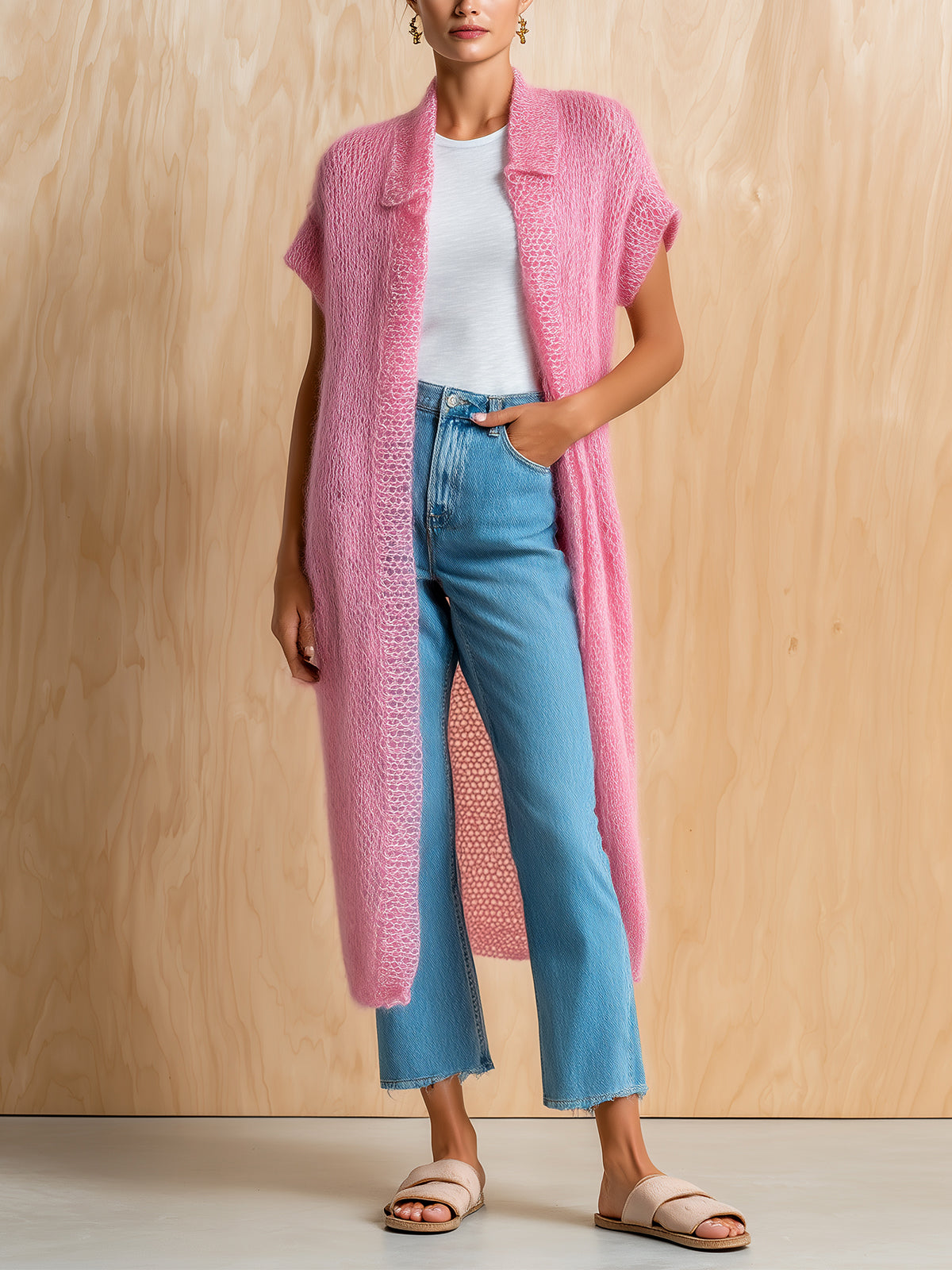 ElevenOra Chic Elegant Pink Lapel Collar Short-Sleeve Loose-Fit Mohair Knit Long Cardigan