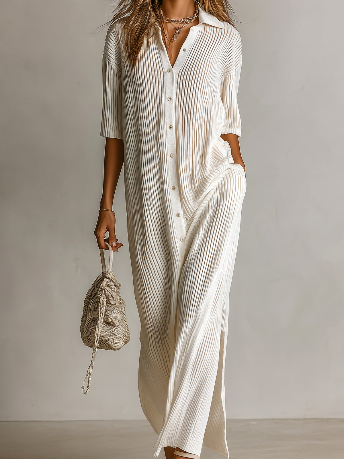 ElevenOra Chic Elegant Cream White Lapel Collar Single-Breasted Short-Sleeve Loose-Fit Side-Slit Ribbed Knit Maxi Dress