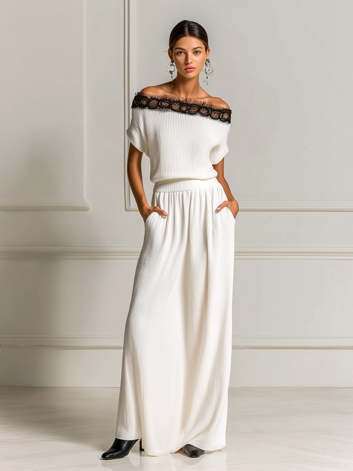 ElevenOra Chic Elegant White Off The Shoulder Contrast Lace Details Loose-Fit Top And Elastic Waist Maxi Skirt Ribbed Knit Two-Piece Set