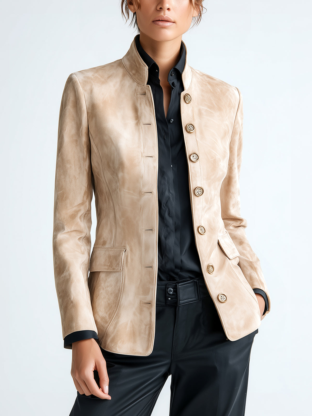 ElevenOra Chic Vintage Beige Faux Suede Stand Collar Single-breasted Slim-Fit Sophisticated Blazer