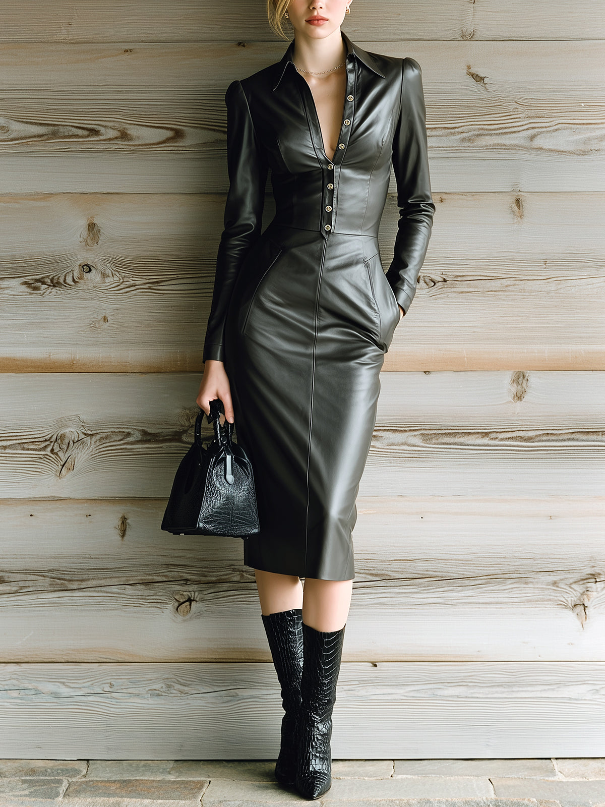 ElevenOra Chic Vintage Black Faux Leather Lapel Button-Front Long Sleeve Fitted Pencil Midi Dress